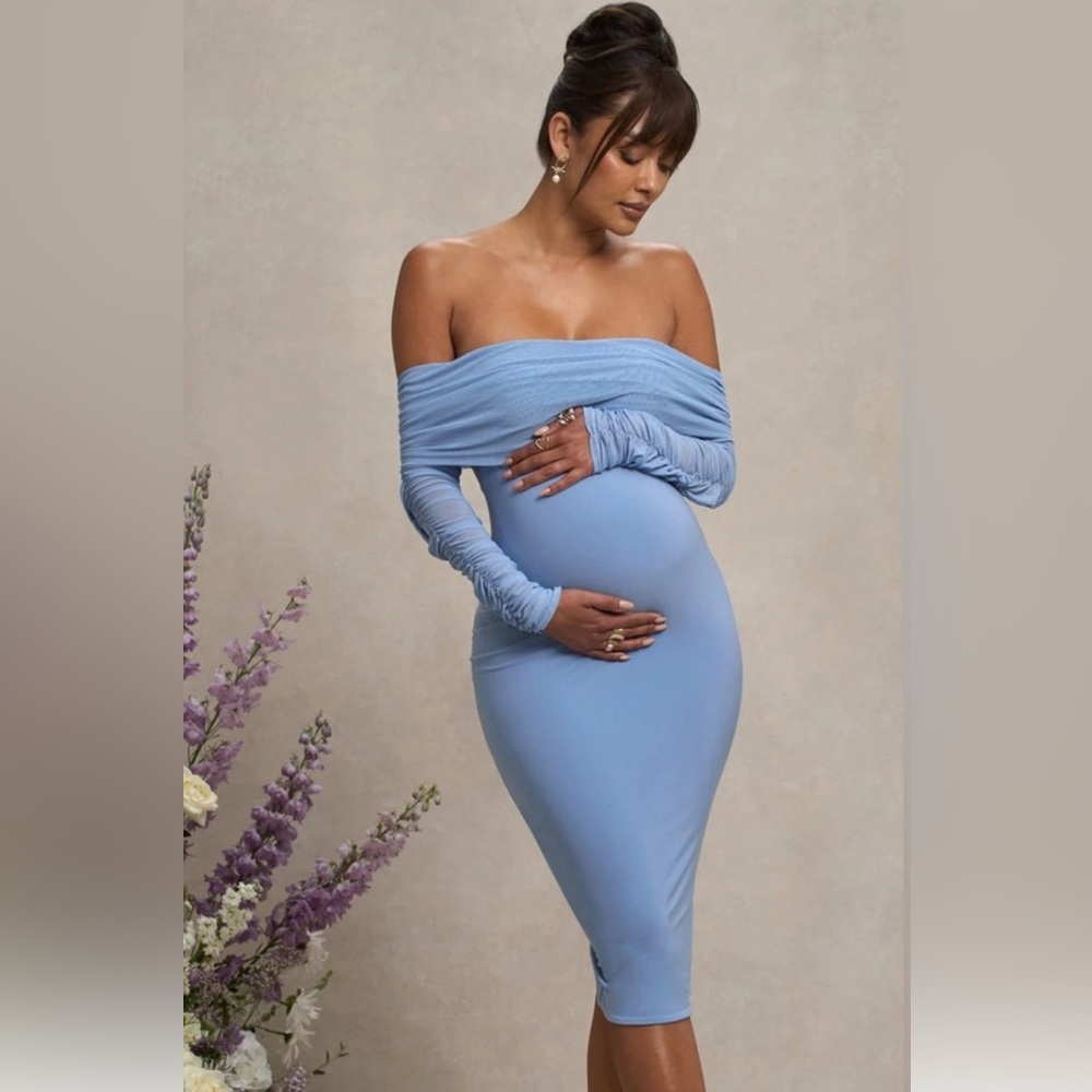 NWT Club L London Powder Blue Maternity Ruched Mesh Bardot Midi Dress size 4